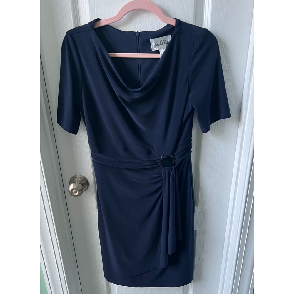 Joseph Ribkoff Womens Dress Blue Short Sleeve Stretch Knit Cowl Neck Size 8